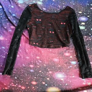 Jawbreaker Size S Black Mesh Skull Crop Top - Women's Long Sleeve